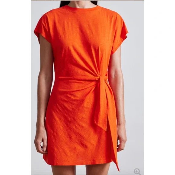 Apiece Apart Nina Cinched Waist Dress Orange Midi Wrap Organic Cotton Flambe - Picture 3 of 9